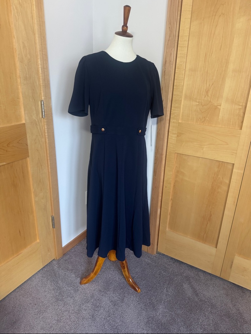London Times Navy Midi Dress with Waist Button Detail